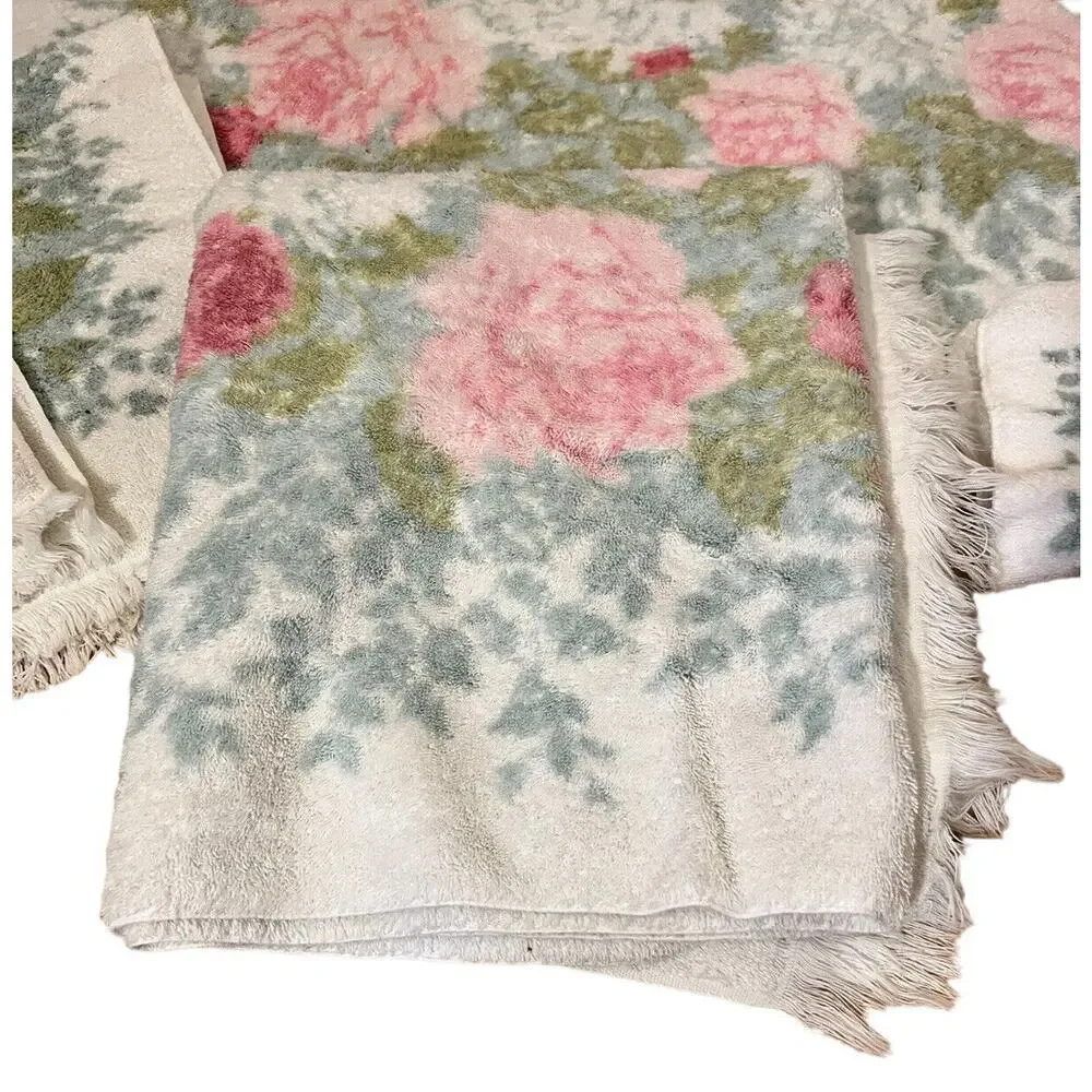 Vtg 9 Piece Fieldcrest Floral Roses Bath Towel Set Fringe Retro Cottage core USA